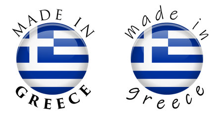 Simple Made in Greece 3D button sign. Text around circle with Greek flag. Decent and casual font version.のイラスト素材
