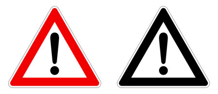 Warning / Attention sign. Exclamation mark in triangle. Red / black and white version.のイラスト素材