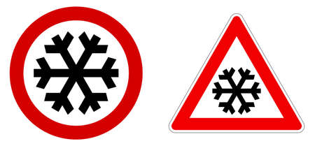 Careful snow / cold / winter sign. Black snowflake in red circle and triangle.のイラスト素材