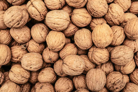Top down view, whole walnuts displayed on food market in Kyrenia, Cyprus.の写真素材