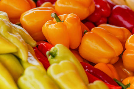 White orange and red peppers displayed on street food market, closeup detail