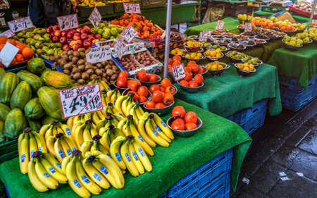 London, United Kingdom - February 04, 2019: Typical food market at Lewisham, fruit is usually sold in bowls, with same price tag, sellers attracting customers with famous "pound a bowl" shout.のeditorial素材