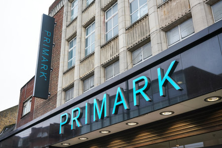 London, United Kingdom - February 04, 2019: Large cyan sign on Primark store at their Lewisham branch. Irish fashion retailer was founded 1969 and has now more than 350 stores worldwide.のeditorial素材