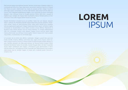 Simple brochure cover nature design. Waving lines representing hills and sun, blue sky above.のイラスト素材