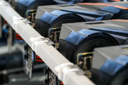 Closeup photo of graphics video card on ethereum cryptocurrency mining rig.の写真素材