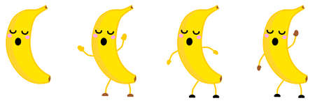 Cute kawaii style Banana fruit icon, eyes closed, mouth open. Version with hands raised, down and waving.のイラスト素材