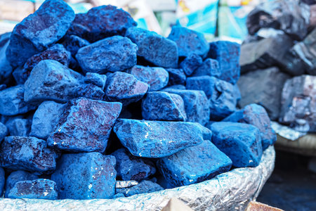 Blue indigo color stones displayed at traditional souk - street market in Marrakech, Morocco, closeup detailの写真素材