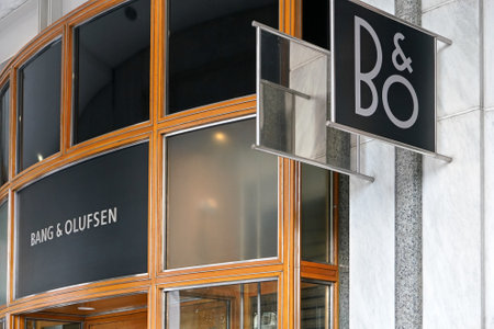 London, United Kingdom - February 03, 2019: BO logo signage on Bang & Olufsen branch at Canary Wharf. B&O is Danish high end audio manufacturer founded in 1925のeditorial素材