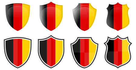 Vertical German flag in shield shape, four 3d and simple versions. Germany icon / signのイラスト素材