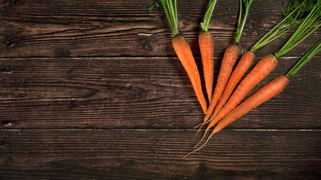 Fresh orange carrot roots with green leaves on dark wooden board, overhead photo space for text left sideの写真素材