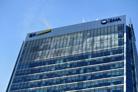 London, United Kingdom - February 03, 2019: Ernst & Young and European Medicines Agency at their offices shared on 30 Churchill Pl, Canary Wharf. EMA HQ moved from London to Amsterdam after Brexitのeditorial素材