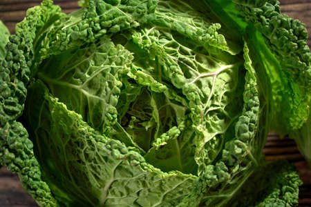 Green savoy cabbage head - Closeup from aboveの写真素材