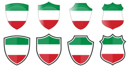 Vertical Italy flag in shield shape, four 3d and simple versions. Italian icon / signのイラスト素材