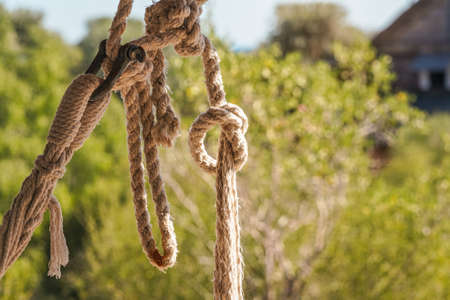 Thick natural fibre rope knot tied at beach hut, blurred trees backgroundの写真素材