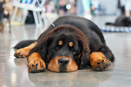 Young rottweiler dog lying on the stone ground indoors, looking bored / tiredの写真素材