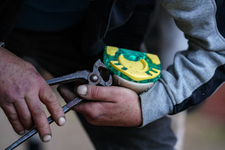 Man farrier installing plastic horseshoe to hoof. Closeup up detail to hands holding animal feet and metal tongs.の写真素材