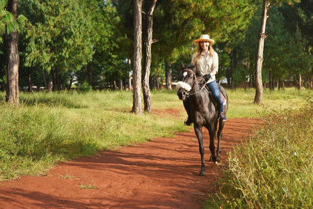Young woman in shirt and straw hat, riding brown horse in the park, blurred background with houses and treesの写真素材