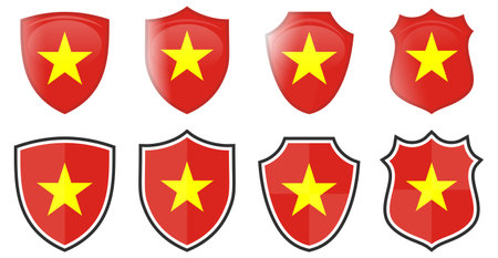 Vertical Vietnam flag in shield shape, four 3d and simple versions. Vietnamese icon / signのイラスト素材