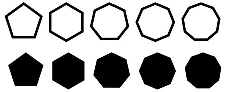 Set of simple polygons with five to nine sides. Filled and outline versionのイラスト素材