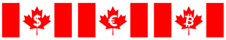 Flag of Canada, Maple leaf replaced with dollar, euro, bitcoin sign. Canadian trade to United States, Europe and cryptocurrency trading conceptのイラスト素材