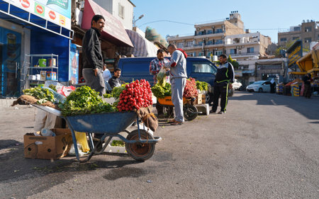 Aqaba, Jordan - January 17, 2020: Unknown Arab man standing next to large heap of fresh radish vegetable displayed on street in wheelbarrow - fruit and vegetables are usually sold on streets at Jordanのeditorial素材