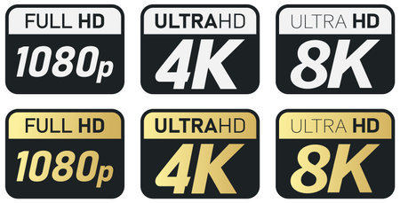Black, white and golden video or screen resolution icons. Set from 1080p to 8kのイラスト素材