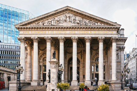London, United Kingdom - February 02, 2019: Royal Exchange front gate near Bank station. It is centre of commerce, first opened 1571, currently housing stores and restaurantsのeditorial素材