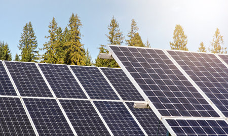 Solar panel collectors in forest, coniferous trees background, clear sky above, closeup detail
