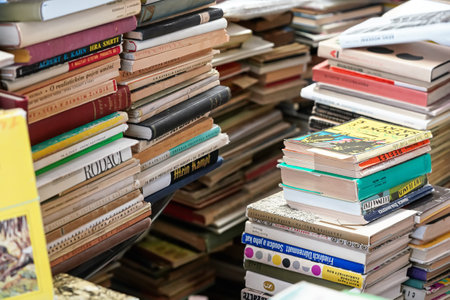 Brno, Czech Republic - June 22, 2019: Stacks of many old used books displayed at local antiquarian bookshopのeditorial素材