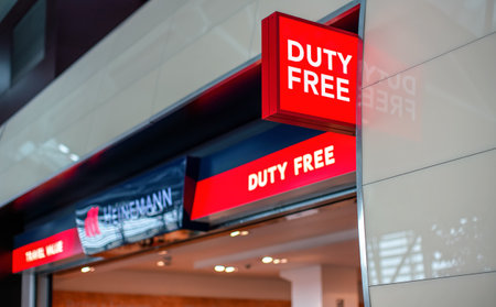 Bratislava, Slovakia - September 17, 2019: Bright red duty free sign at entrance to Heinemman airport store dutyfree shops selling usually alcohol and perfumes are often seen in airportsのeditorial素材