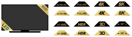 Black or gold labels with display tv resolution and simple tv mockupのイラスト素材