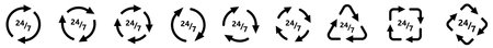 24/7 icon in arrows forming cycle, two three and four arrow version. Nonstop change or loop concept