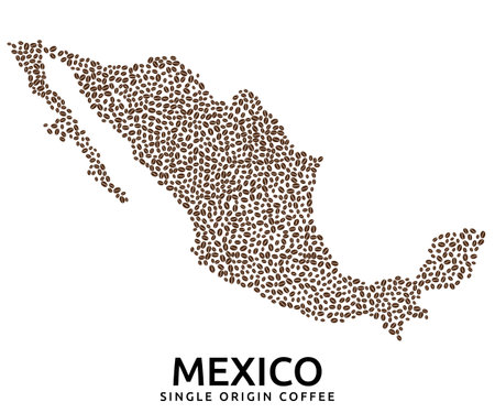 Shape of Mexico map made of scattered coffee beans, country name belowのイラスト素材