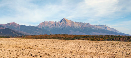 Mount Krivan peak (Slovak symbol) wide panorama with autumn dry field in foreground, Typical autumnal scenery of Liptov region, Slovakiaの写真素材