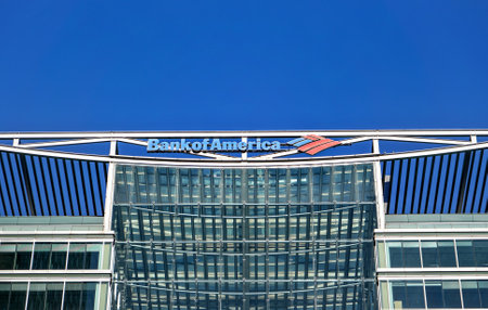 London, United Kingdom - February 03, 2019: Blue and red signage of Bank of America at their London offices in Canary Wharf. BofA is American investment company, one of worlds largest banksのeditorial素材