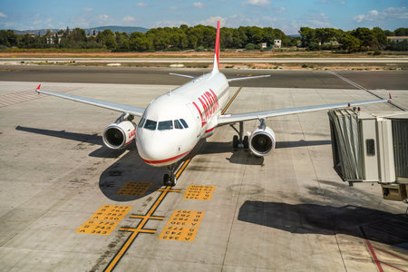 Palma, Spain - September 25, 2019: Lauda Airbus aircraft waits at Mallorca airport ready for departure. Laudamotion was Austrian lowcost airlineのeditorial素材
