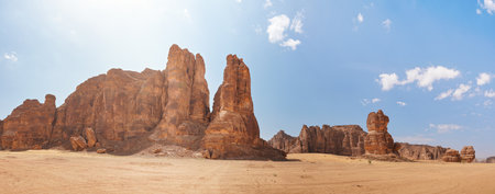 Rocky desert formations with sand in foreground, typical landscape of Al Ula, Saudi Arabia. High resolution panoramaの写真素材