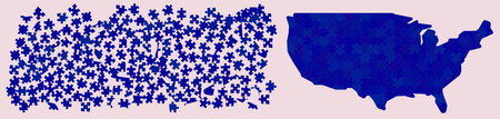 Map of USA made out of different shades blue - national color - jigsaw puzzle pieces, 204 scattered blocks and finished versionのイラスト素材