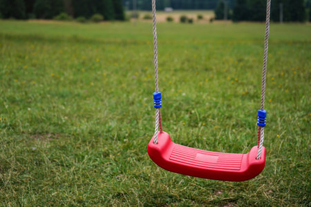 Small plastic kid hanging swing, blurred meadow in backgroundの写真素材