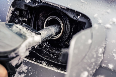 Metal fuel nozzle, filling gas tank of car covered with snow in winter, closeup detailの写真素材