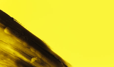 Abstract black smears (charcoal toothpaste) on yellow background, space for text right sideの写真素材