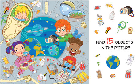 Space adventure. International children's crew on a spaceship in a state of zero gravity eat, sleep, take pictures, exercise. Find 15 objects in the picture. Hidden objects puzzleのイラスト素材