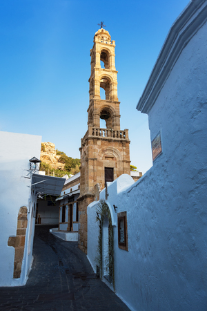 Belfry / bell tower of Greek orthodox church in Lindos village (Rhodes, Greece)のeditorial素材