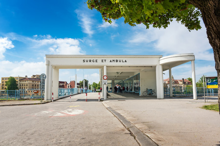 Bridge to spa island in Piestany (Slovakia). Text translation: Stand up and walkのeditorial素材