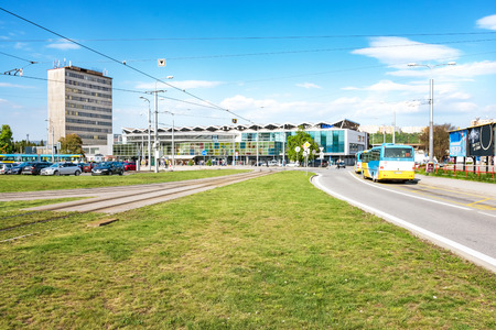 Parking lot, tram stop and bus stop in front of Main railway station in Kosice (Slovakia)のeditorial素材