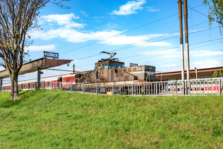 Old locomotive parked Main railway station in Kosice (Slovakia)