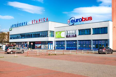 KOSICE, SLOVAKIA â MAY 1 2019: Cars parked on parking lot in front of Main bus station (Autobusova stanica) in Kosice (Slovakia)のeditorial素材