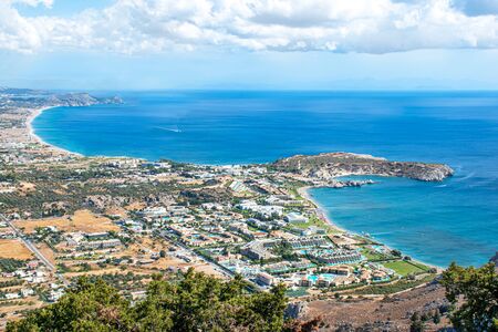 Aerial view of Kolymbia, hotel resorts with swimming pools, olive trees and beautiful sea (Rhodes, Greece)のeditorial素材