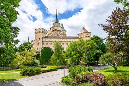 Bojnice castle park with neogothic castle in background (Bojnice, Slovakia)のeditorial素材