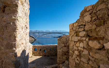 Island of Pag old desert ruins and bridge panorama view, Dalmatia, Croatiaの写真素材